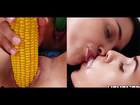 Two hot teens have fun with cucumbers and corns and extreme Bukkake at the end