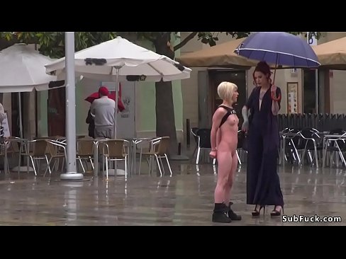 Blonde spinner slave Nora Barcelona walked and d. in public square