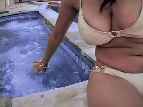 Busty ebony chick Misti Love get acquinted with interesting black dude during pool party