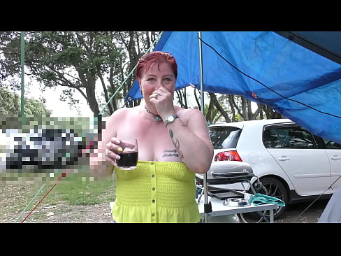 Master commands slutty MILF bitch to show off her tits & pussy at camping ground