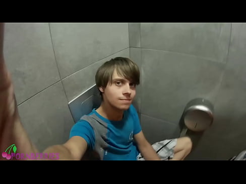 Young gay colleagues came to shopping mall toilet for fun