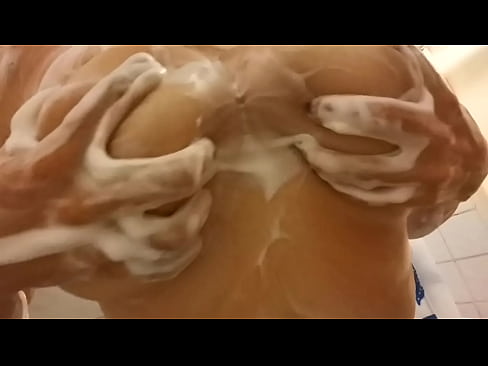 Girl in shower big natural boobs in foam