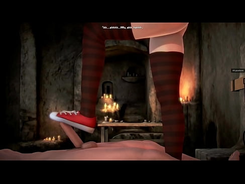 Mavis Dracula in red shoes and striped pantyhose - Feet fetish