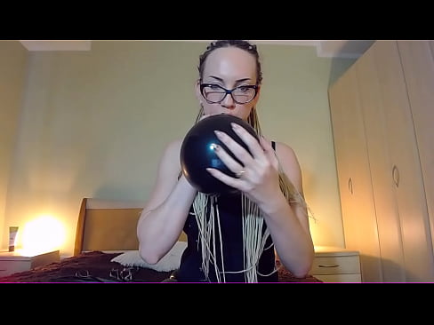 Looner Milf in sexy lingerie blow to pop big black balloon
