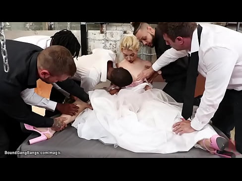 Pale blonde bride Chloe Cherry wakes up in wedding dress and bound by group of guys and her fiance gets interracial gangbang anal fucked