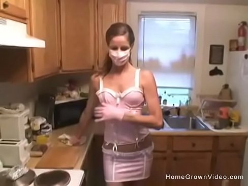 Brunette maid drops to her knees and sucks my cock in the kitchen