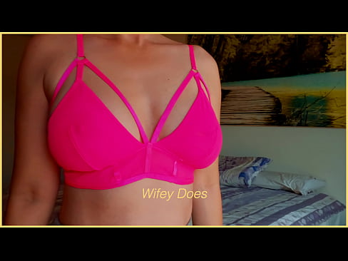 WIFE lingerie try on showing perfect tits in hot PINK bra for maximum cleavage