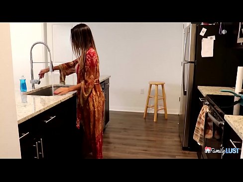 Dave Foxx is going to get fucked hard if she doesn't cover up instead she wears a night gown in the kitchen her tits poke out and this turns on her man.