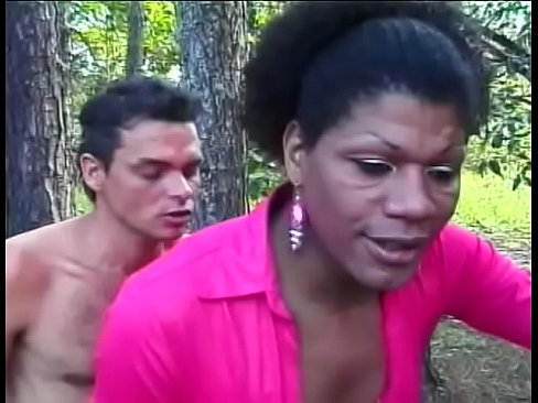 Gorgeous black tranny sucks latin guy's dick then rides it by her asshole outdoor
