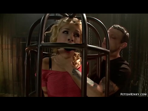 Master Mr Pete keeps in birds cage gagged sexy blonde bauty Carmen Caliente then pulls her out and in various positions rough fucks her with big cock