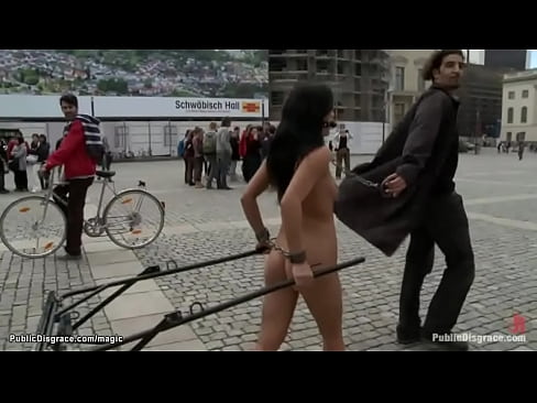 Naked Romanian slave Amabella gets wrists cuffed and chained together made to pull chariot in public square then fucked in the park by big dick Zenza Raggi