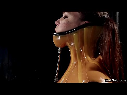 Fantastic slut Juliette March in hell of device bondage in latex lingerie suffers pain then on knees with back lean backwards gets whipped
