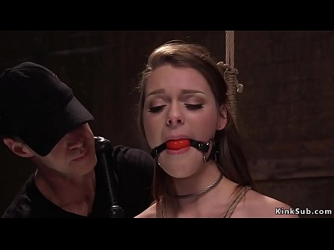 Hot brunette babe Nora Riley with big tits and pierced nipples made by master suck huge dick to his assistant then fuck as slave