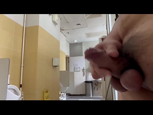 Jerk off in a Hong Kong public toilet with cock ring and ball spreader, feel good