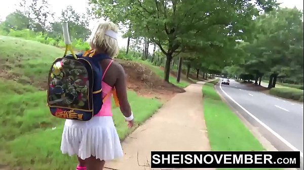 After I Lost A Tennis Game I Give An Outdoors Blowjob With Eye Contact, Cute Black Whore Sheisnovember Sucking A Big Dick BBC On Her Knees Then Flash Her Sexy Panties And Brown Booty During Upskirt On The Street, By Msnovember