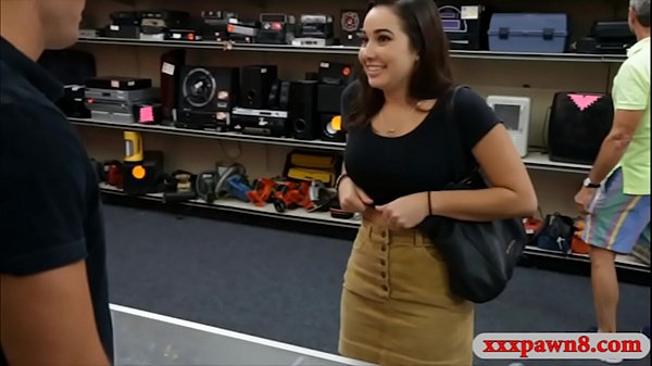 Amateur brunette girl flashes her tits and hot ass then gets pounded at the pawnshop by horny pawn keeper
