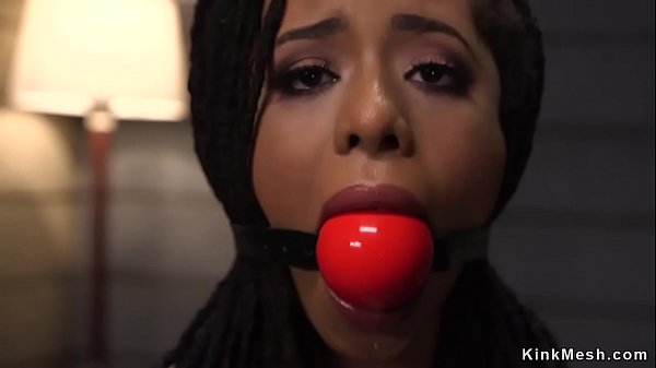 Gagged hot ebony slave training endurance with two rocks in hands then master fucking her tight ass