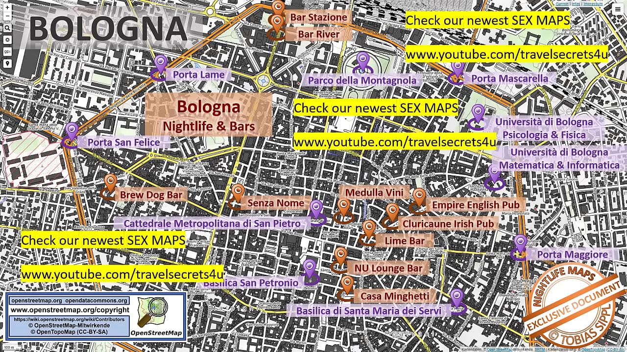 Street Map of Bologna, Italy, Italien with Indication where to find Streetworkers, Freelancers, Brothels, Blowjobs and Teens. Also we show you the Bar, Nightlife and Red Light District in the City
