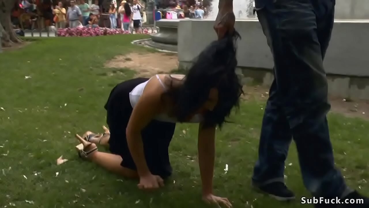 Hot brunette Spanish slut Pamela Sanchez made to crawl in public outdoor then dragged to crowded shop where got mouth and pussy fucked by big dick