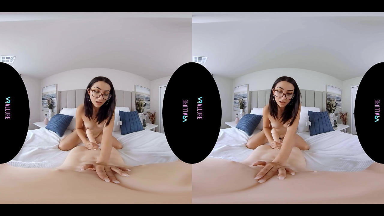 Nerdy brunette in glasses rides her sex doll in virtual reality
