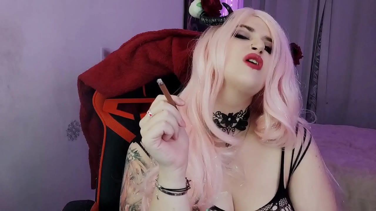 Hot goth anime girl smoking and playing with her big boobs
