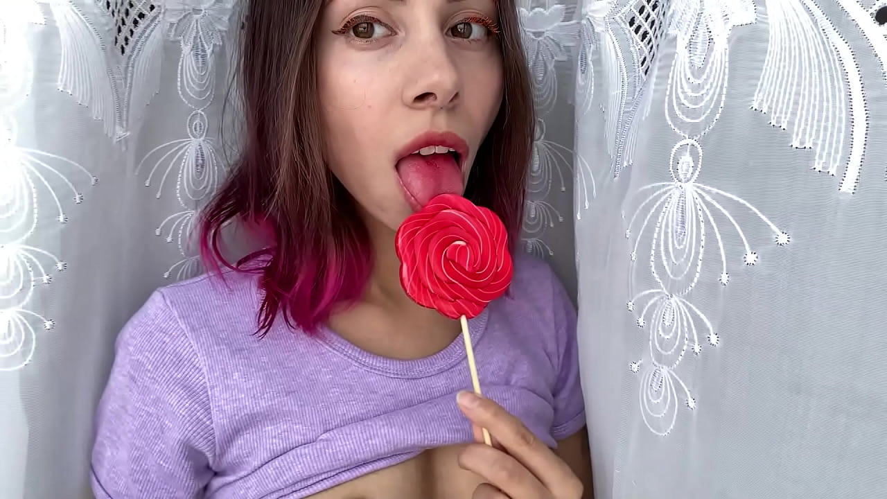 Long tongue fetish with red sweer lolypop