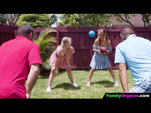 Sweet Girls Play Football With Their Athlete Old Fathers