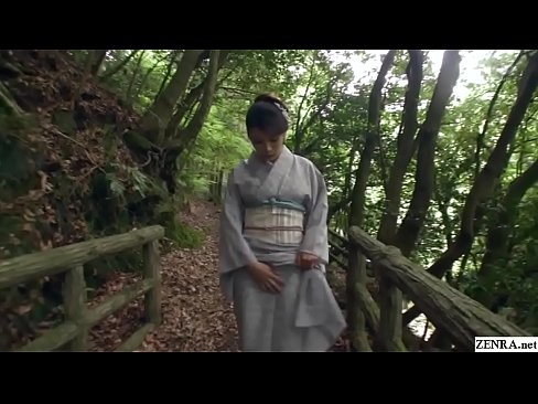 Amazingly beautiful JAV milf Akemi Horiuchi in a kimono flashes her lower body while outdoors in a forest before kneeling to perform a blowjob in HD with English subtitles