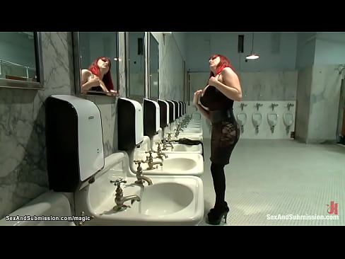 Huge boobs redhead MILF femdom Mz Berlin is tied up in public toilet and fucked by big cock Mr Pete then in extreme bondage anal fucked in dungeon