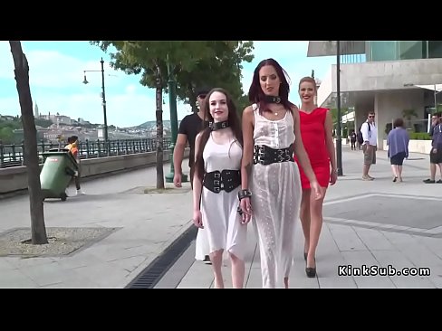Fresh nasty European slaves Angel Rush and Lyen Parker in white dresses d. in public