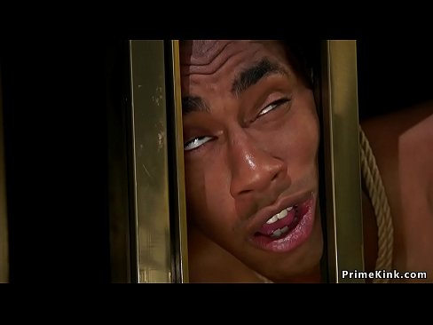 Mistress anal fingers black male slave in golden cage and makes him lick her pussy